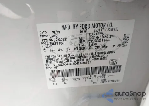 2013 Ford Edge Sel из США, поврежденный, VIN 2FMDK4JC5DBA98521